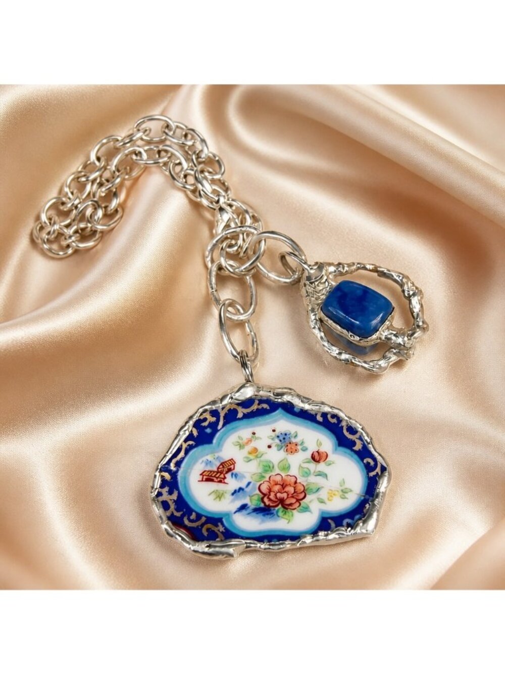 Japanese Fine Bone China Bracelet | Asian Village & Lotus Flower Sodalite Charm - Picture 3 of 16